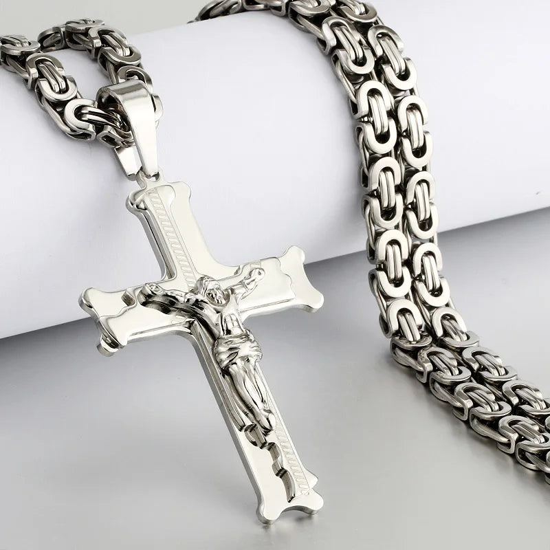 Stainless Steel Crucifix Jesus Byzantine Link Chain Necklace Fish Bone Pattern Cross Pendant Necklace Catholic Jewelry