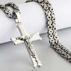 Stainless Steel Crucifix Jesus Byzantine Link Chain Necklace Fish Bone Pattern Cross Pendant Necklace Catholic Jewelry