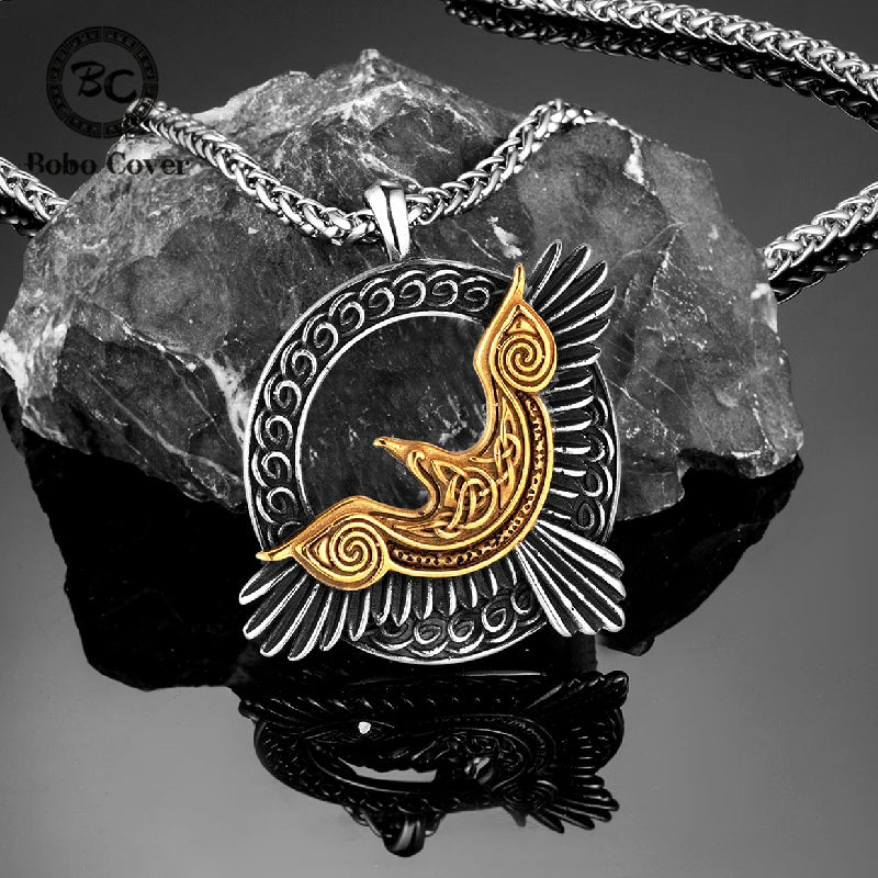 Stainless Steel Norse Mythology Eagle Necklace Men Vikings Raven Never Fade Gold Color Vegvisir Slavic Runes Amulet
