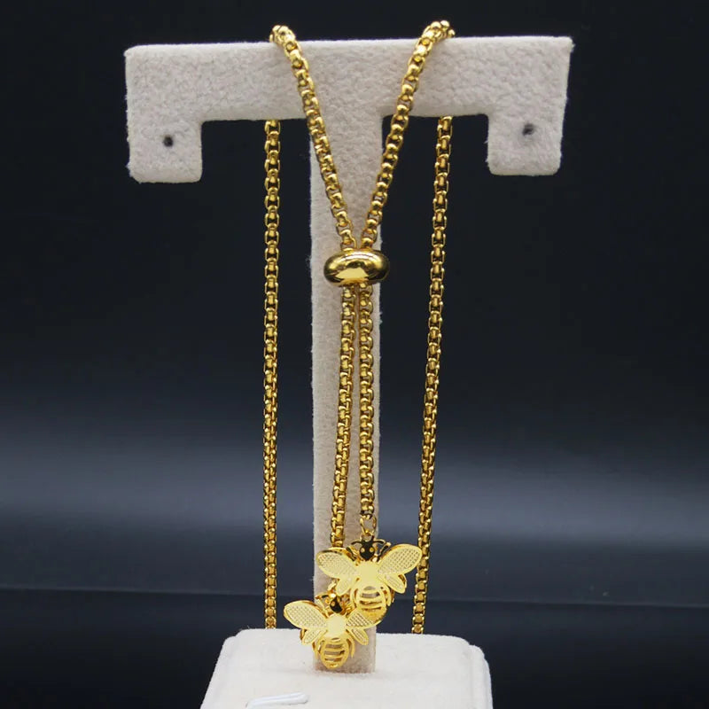 Bee Gold Statement Long Necklace — Stainless Steel