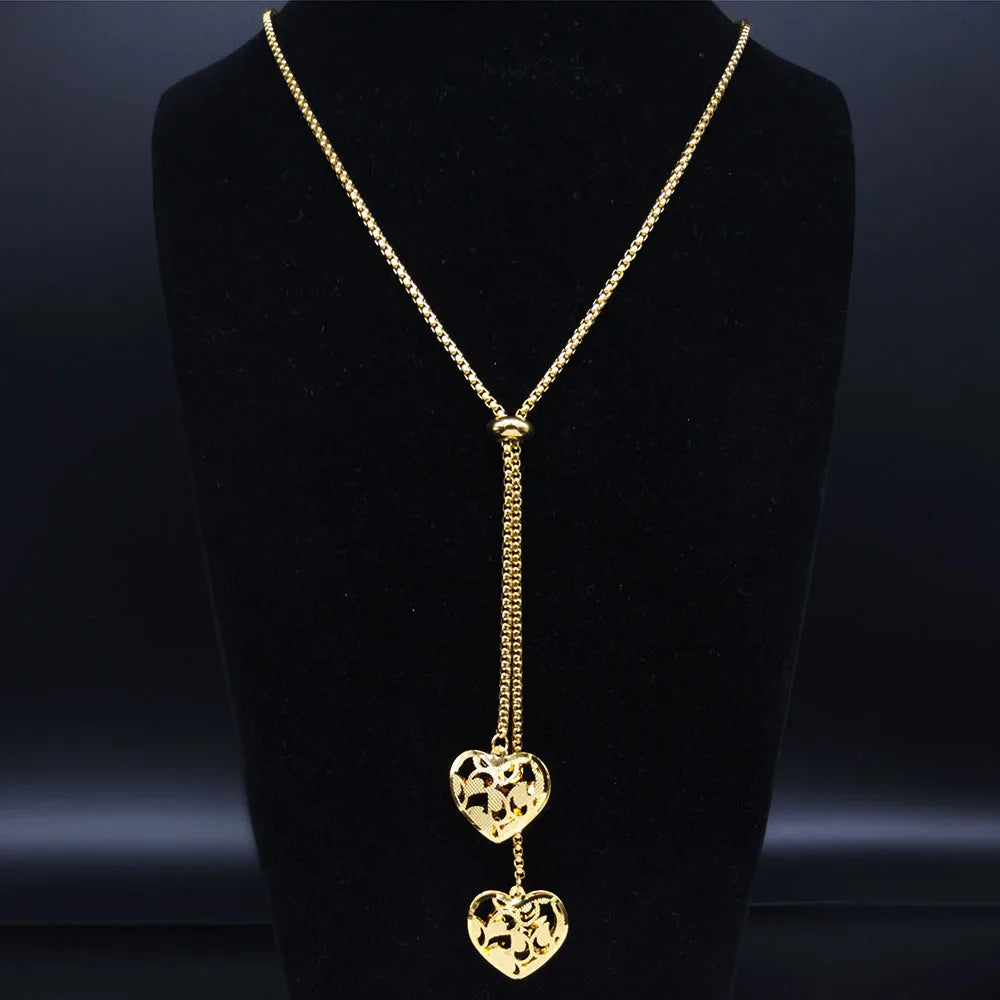 Heart Gold Pendant Long Acero Inoxidable Joyeria