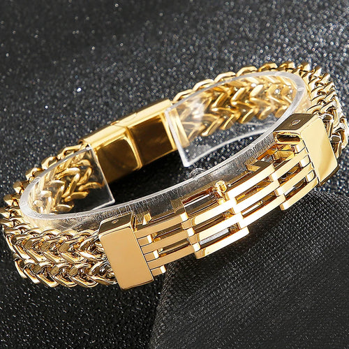 Gold Color Stainless Steel Bracelet for Men 11MM Link Chain Men's On Hand Bands Bracelets Male Jewellery Iron Mannen