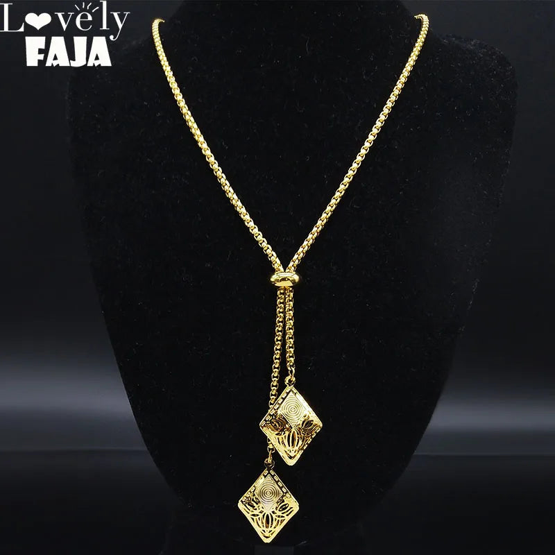 Geometric Gold Long Chain Necklace — Stainless Steel