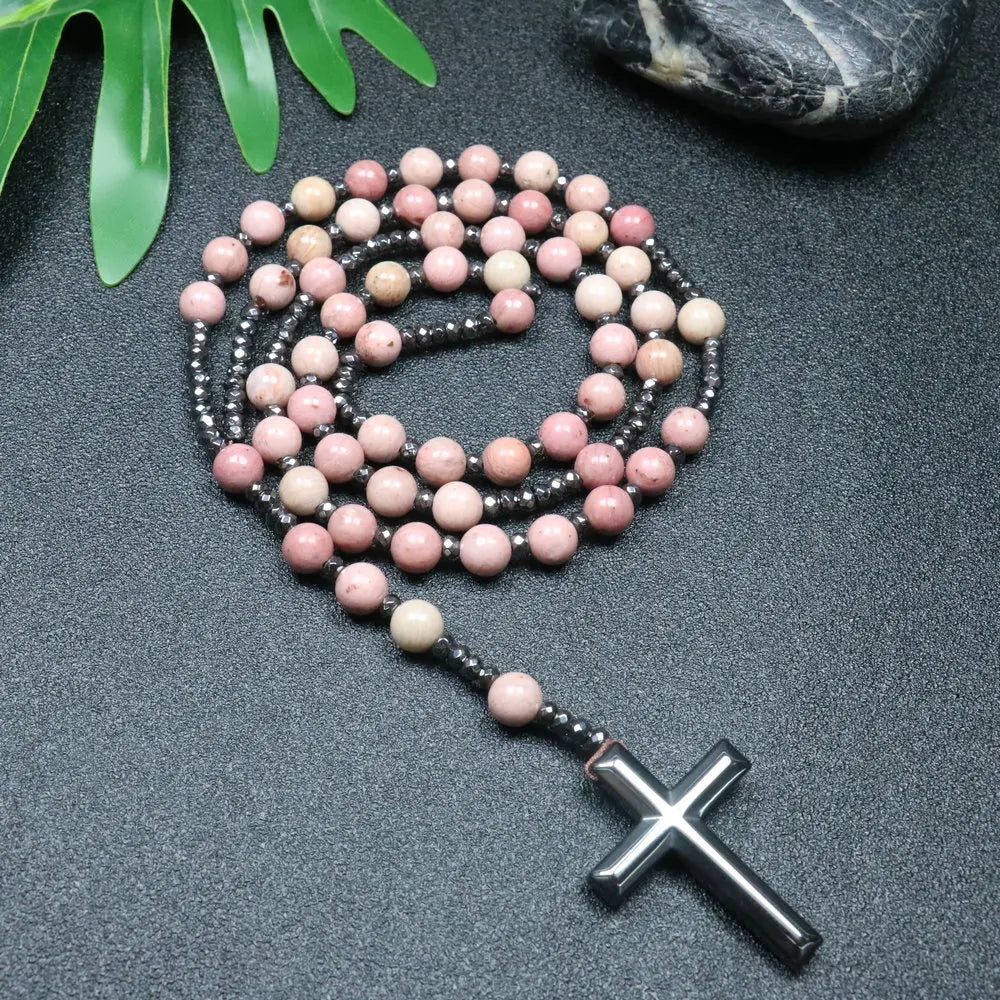 Tiger Eye Black Obsidian Rosary Cross Necklace — Black-Tone, 8mm