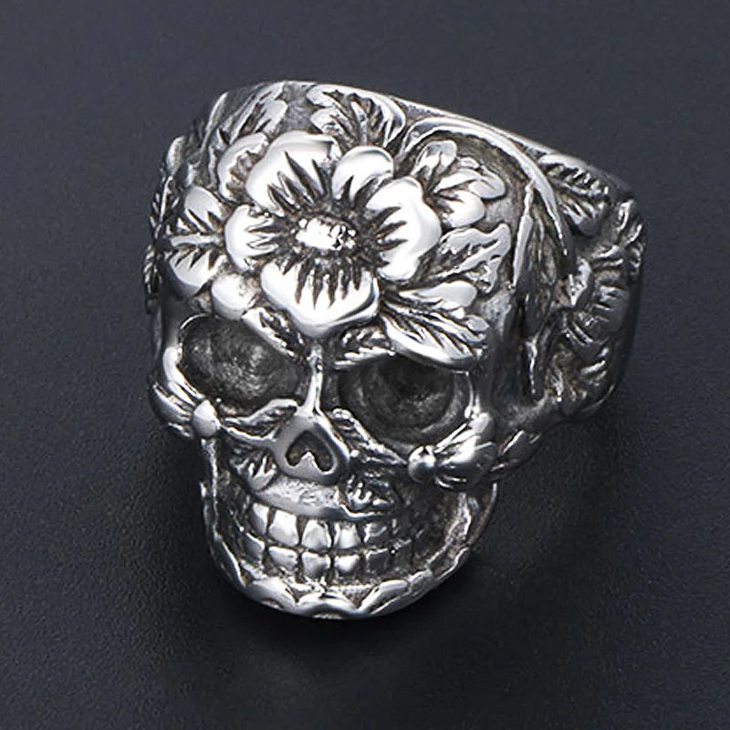 Vintage Flower Skull Ring 316L Stainless Steel Punk Skull Rings for Men And Women Goth Punk Demon Skull Biker Ring Wholesale