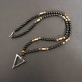 Retro Black Long Necklace Tiger-Eye Stone Beads with Triangle Pendant for Men and Women Natural Jewelry Fashion Gift