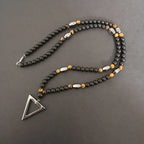 Retro Black Long Necklace Tiger-Eye Stone Beads with Triangle Pendant for Men and Women Natural Jewelry Fashion Gift