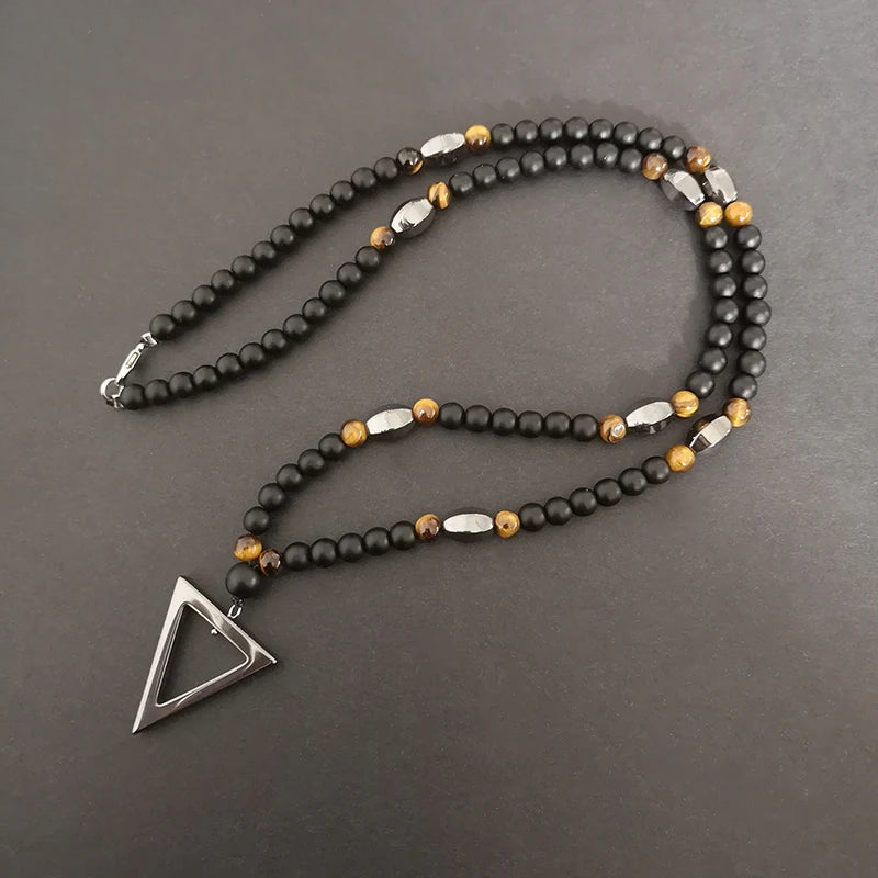 Retro Black Long Necklace Tiger-Eye Stone Beads with Triangle Pendant for Men and Women Natural Jewelry Fashion Gift