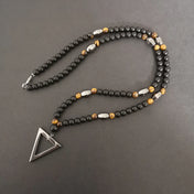 Retro Black Long Necklace Tiger-Eye Stone Beads with Triangle Pendant for Men and Women Natural Jewelry Fashion Gift