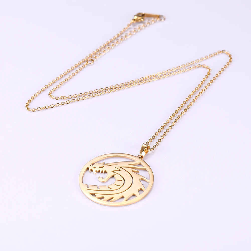 Skyrim Chinese Dragon Round Pendant Necklace 316L Stainless Steel Gold Color Statement Chain Necklaces Jewelry for Men
