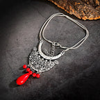 Womens Gypsy Jewelry Bohemian Ethnic Red Natural Stone Pendants Necklaces Metal Tibetan Sliver Color Chain Necklace For