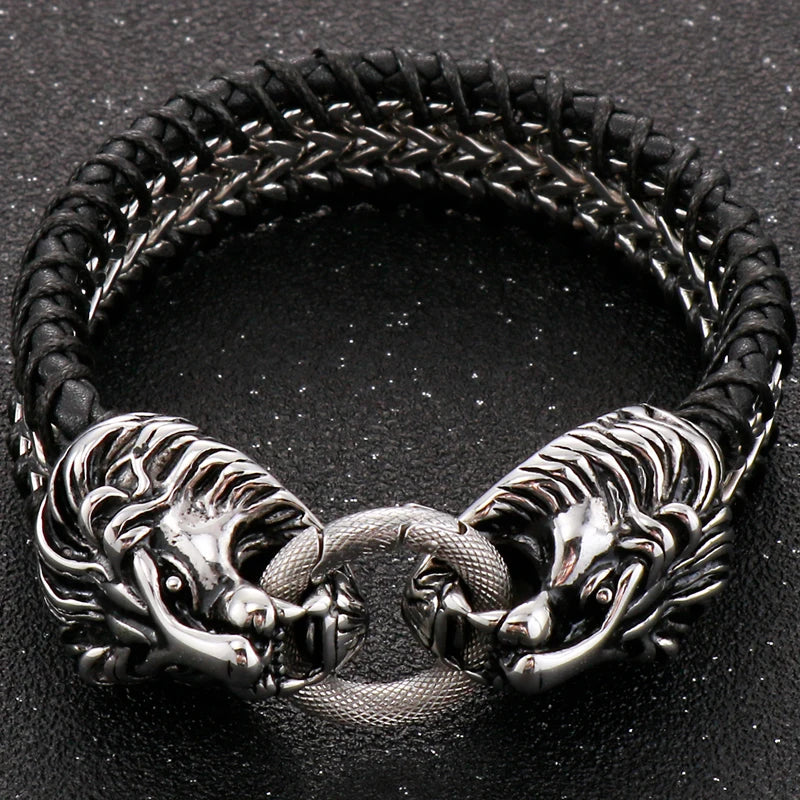 Viking Jewelry Stainless Steel Lion Head Charm Bracelet for Man Cowhide Leather Homme Armbanden Cool Punk Men's Cuff