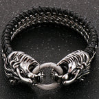 Viking Jewelry Stainless Steel Lion Head Charm Bracelet for Man Cowhide Leather Homme Armbanden Cool Punk Men's Cuff