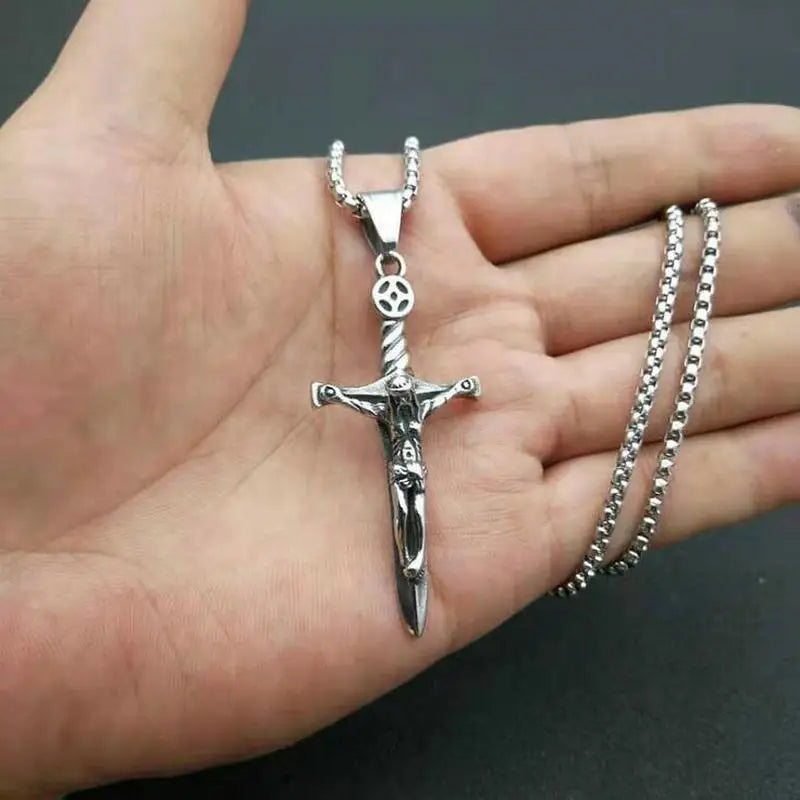 European and American retro punk religious jewelry Stainless steel cast catholic jesus and sword cross pendant