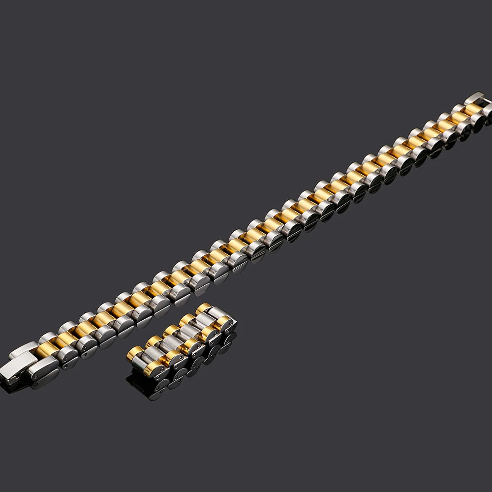 10MM Wide Watch Strap Chain Bracelet Men Luxury Gold Color Stainless Steel Bracelets For Women Finger Ring Men's Single