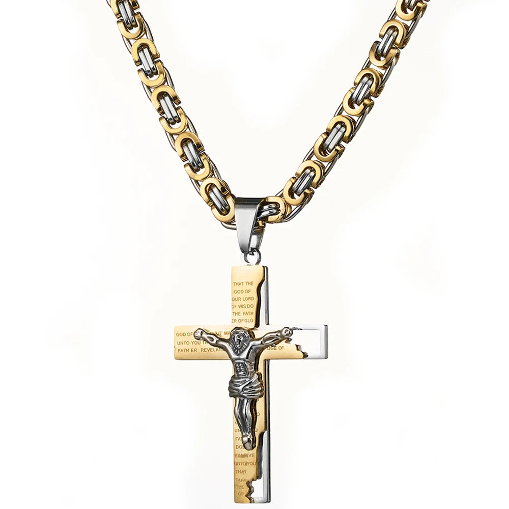 6mm Flat Byzantine Chain Necklace For Men's Neck Jewelry Stainless Steel Silver Gold Black Color Jesus Cross Pendant