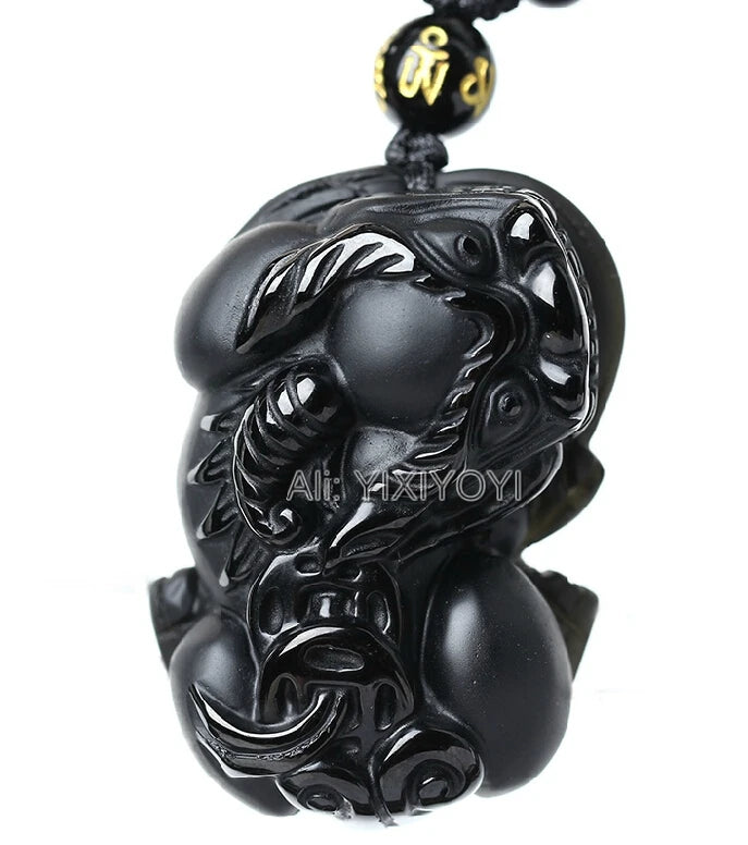Beautiful Chinese Handwork Natural Black Obsidian Carved PiXiu Lucky Amulet Pendant + free Beads Necklace Fashion