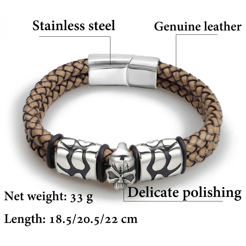 Pop Bohemian Style 316 Stainless Steel Men's Bracelet Ghost Head Accessories Woven Wine Leather Woman Bracelet 7 Day Delivery