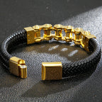 Stainless Steel Bikers Motorcycle Bike Chain Man Bracelet for Men Braided Leather Cuff Wrap Wristband Bangle With
