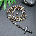 Tiger Eye Black Obsidian Rosary Cross Necklace — Black-Tone, 8mm