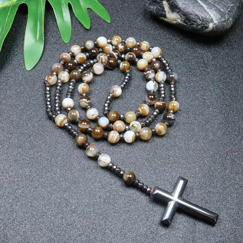Rosary Necklace For Men Women 8mm Tiger Eye Black Obsidian Beads Necklace Christ Buddhist Meditation Cross Necklace Jewelry