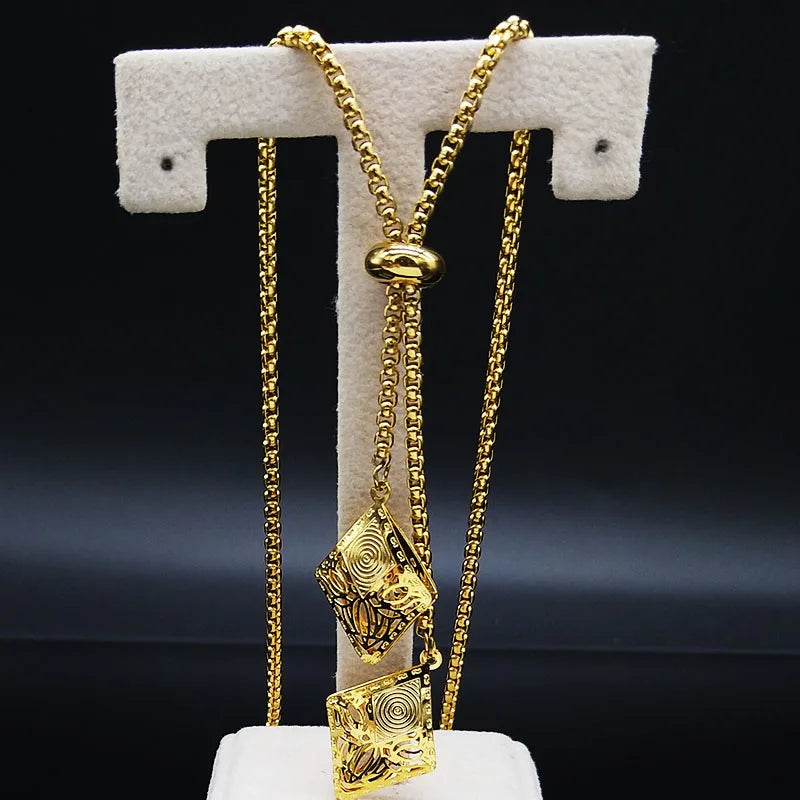 Geometric Gold Long Chain Necklace — Stainless Steel