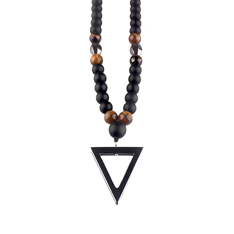 Retro Black Long Necklace Tiger-Eye Stone Beads with Triangle Pendant for Men and Women Natural Jewelry Fashion Gift