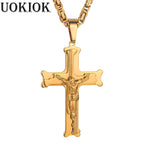 Fashion Byzantine Chain,Christ Cross Stainless Steel Long Necklace for Men Gold Color Statement Necklace Jewelry