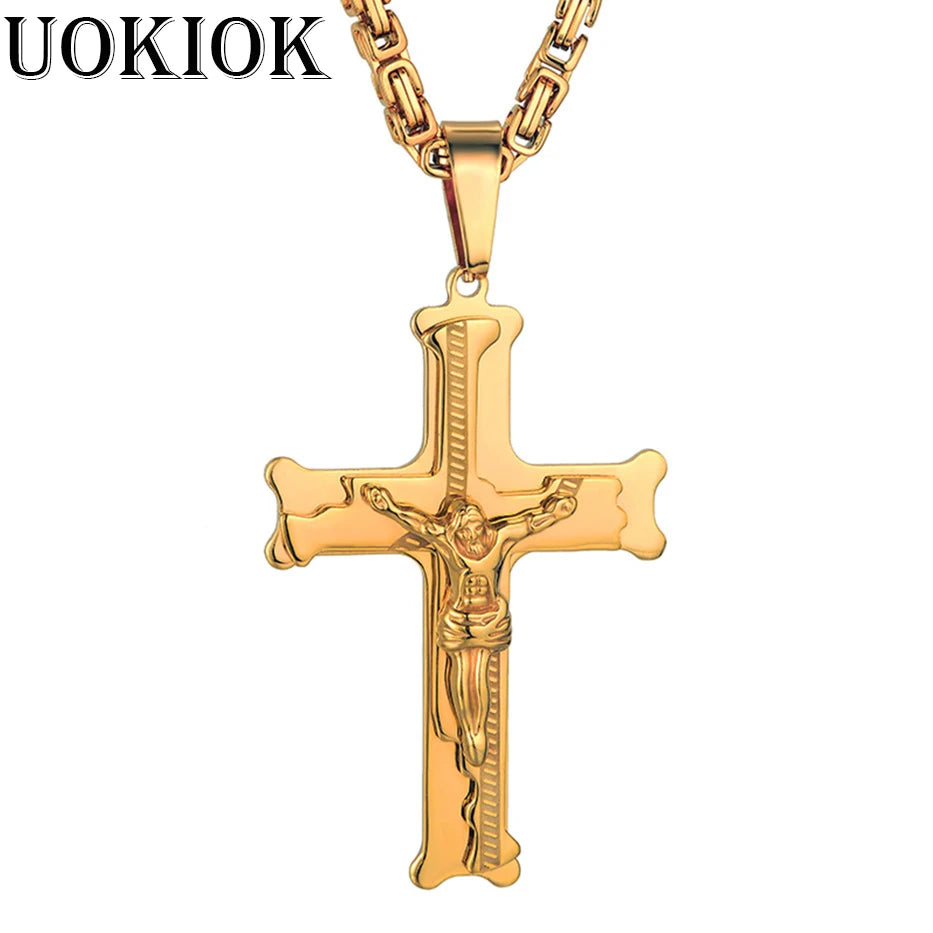 Fashion Byzantine Chain,Christ Cross Stainless Steel Long Necklace for Men Gold Color Statement Necklace Jewelry