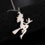 Witch Cat Broom Pendant Necklace — Stainless Steel