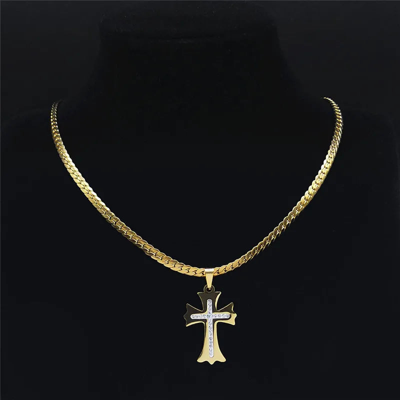 Cross Gold Pendant Crystal Catholic Collar Choker