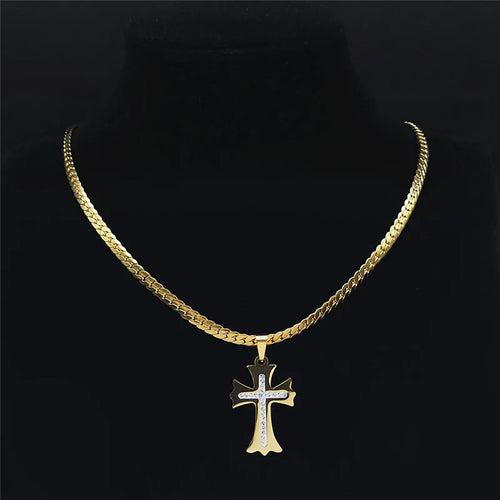 Cross Gold Pendant Crystal Catholic Collar Choker
