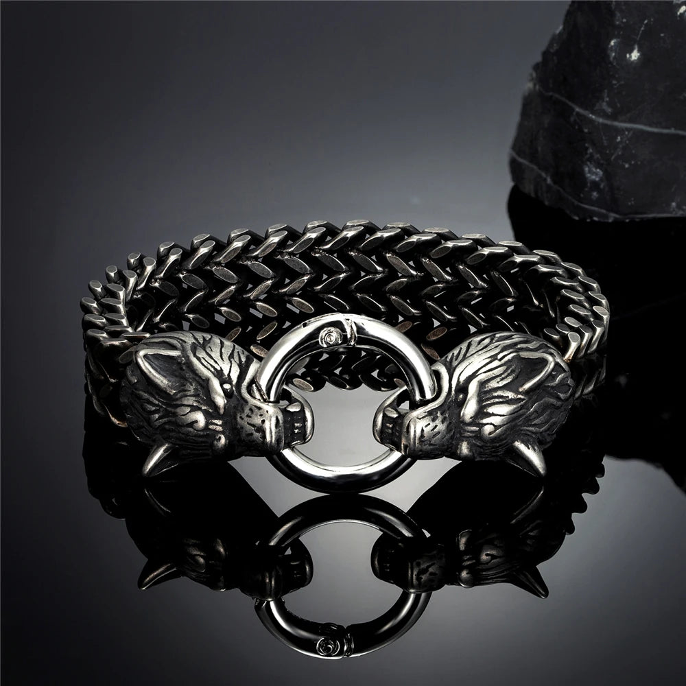 Norse Wolf Head Link Bracelet — Stainless Steel