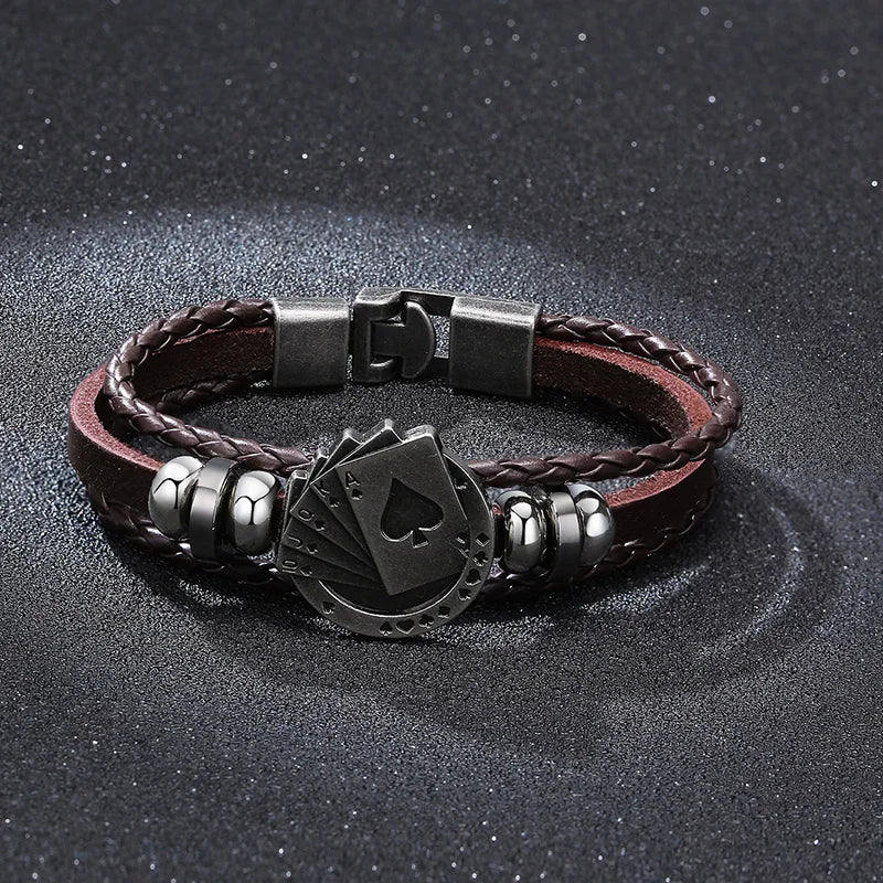 POKER BROWN LEATHER CUFF BRACELET MEN'S MULTILAYER WRAP WRISTBAND FRIENDSHIP VINTAGE BIKER PLAYING CARD POKER BANGLE