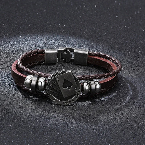 POKER BROWN LEATHER CUFF BRACELET MEN'S MULTILAYER WRAP WRISTBAND FRIENDSHIP VINTAGE BIKER PLAYING CARD POKER BANGLE