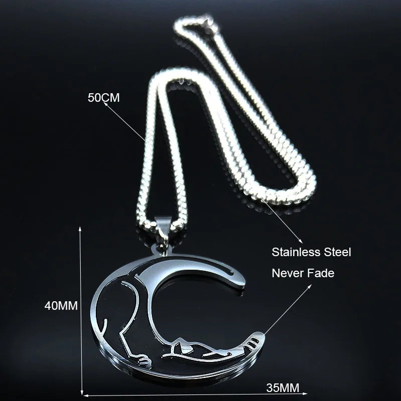 Moon Cat Black Enamel Necklace — Silver