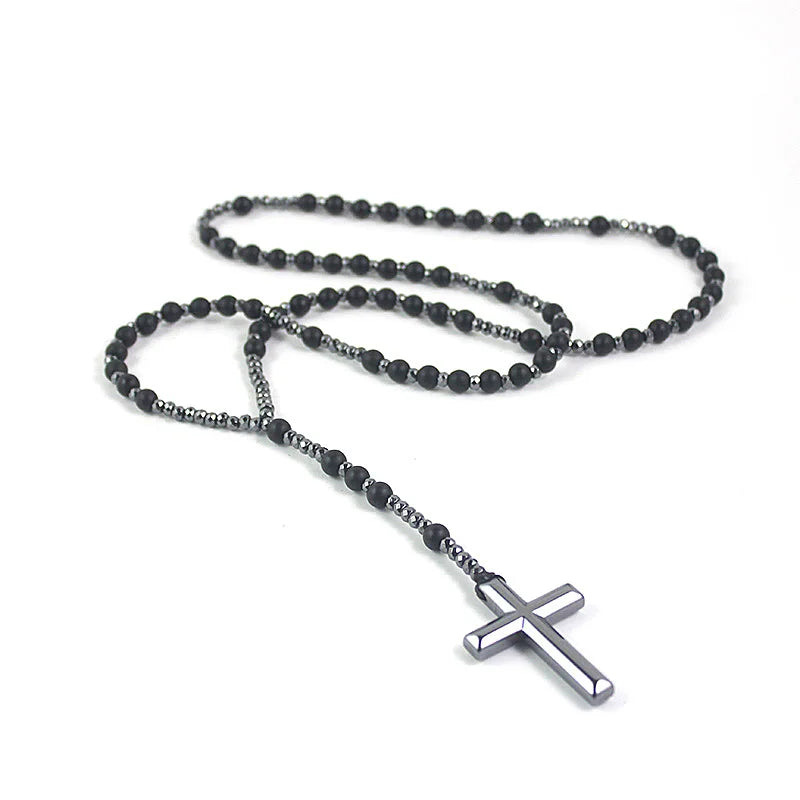 Matte Black Stone Hematite Rosary Cross Necklace — Black-Tone