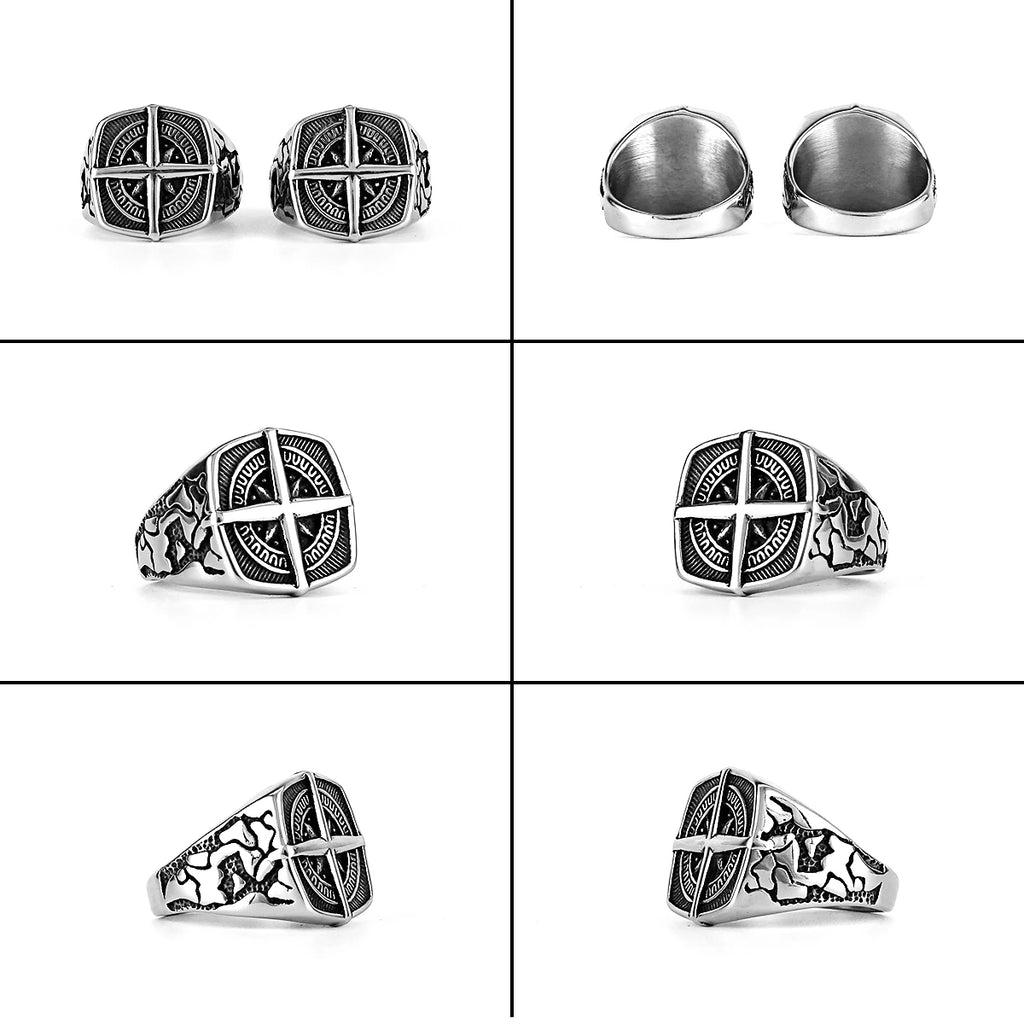 Viking Cross Nautical Chart Nordic Rune Ring — Stainless Steel