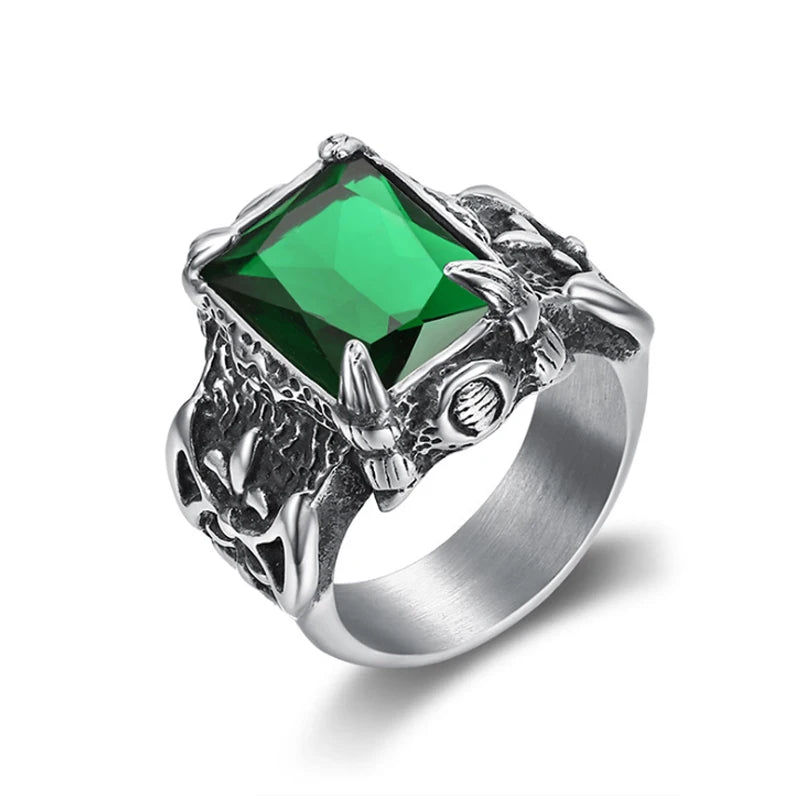 Classic Dragon Claw Blue/Black/Green/Red Zircon Big Stone Ring Men Stainless Steel Nordic Axe Viking Rings Punk Biker Jewelry