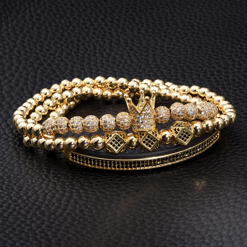 3pcs/Set Luxury Gold Color Beads Royal King Crown Dice Charm CZ Ball Bracelet Mens Fashion Bracelets & Bangles Multi