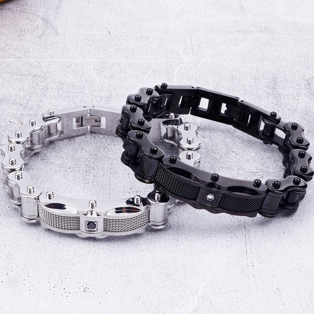 Rock And Roll CZ & 316L Stainless Steel Cast Metal Bicycle Chain Men's Bracelets For Man Boys Biker Jewellery
