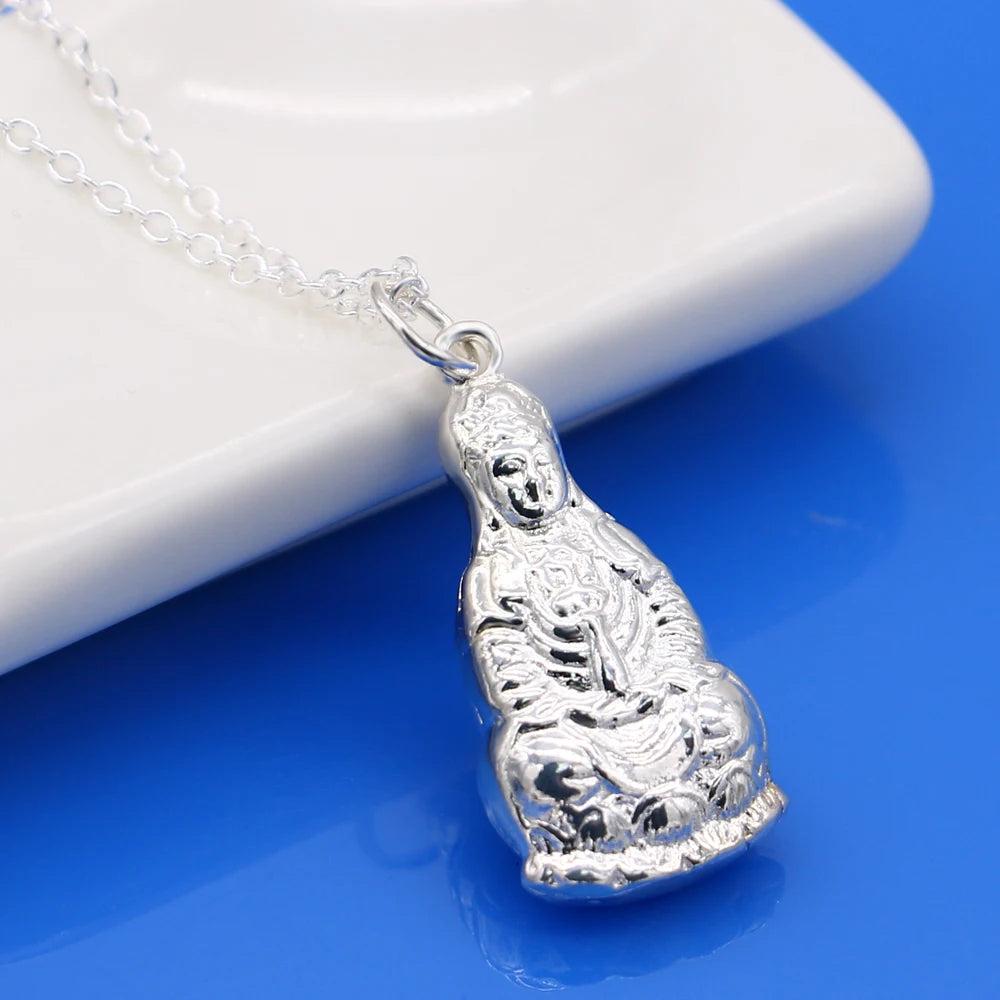 Chinese style Vintage Women's 925 Silver Necklace-Buddha Pendant Solid Silver O Chain Clavicle Necklace Collar Charm Jewelry