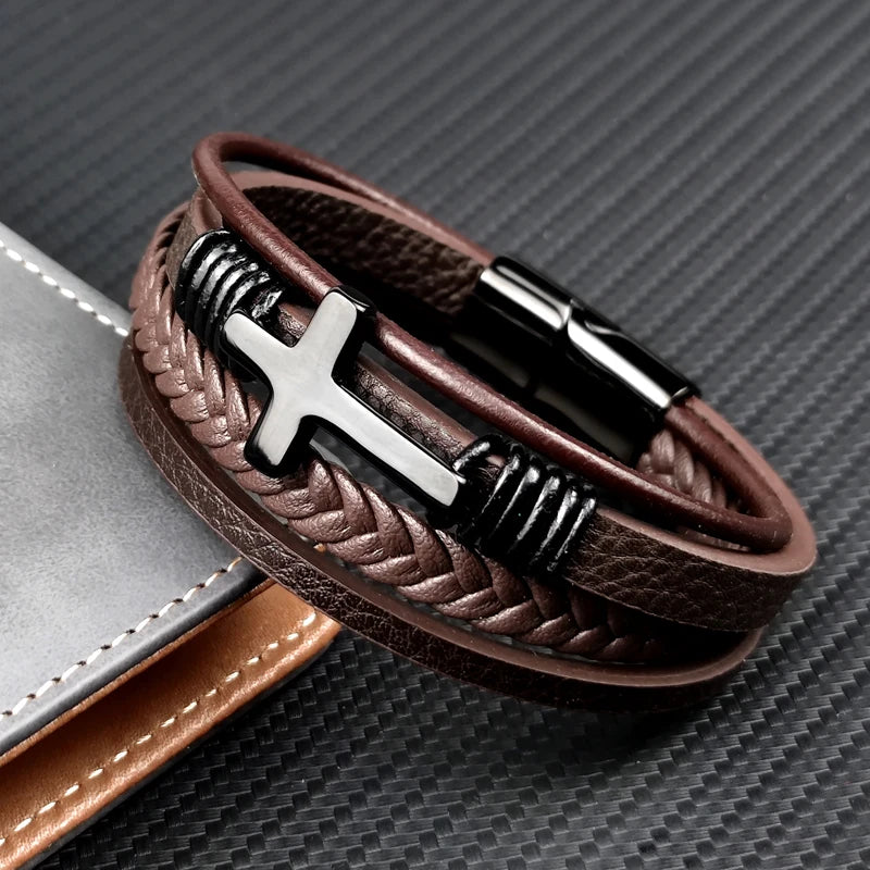 Charm Stainless Steel Leather Cross  Brown/black Bracelet Men Hiphop Jewelry Magnetic Clasp Mutilayer Male Cuff Wrap Bangle Gift