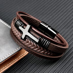 Charm Stainless Steel Leather Cross  Brown/black Bracelet Men Hiphop Jewelry Magnetic Clasp Mutilayer Male Cuff Wrap Bangle Gift