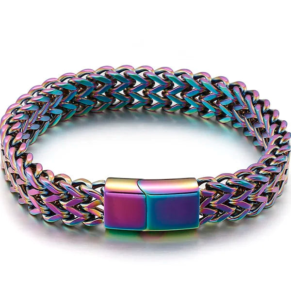 Mens 12MM Width Double Row Chain Wrist Bracelets 6 Color Stainless Steel Bracelet for Man Handles With Magnet Clasp
