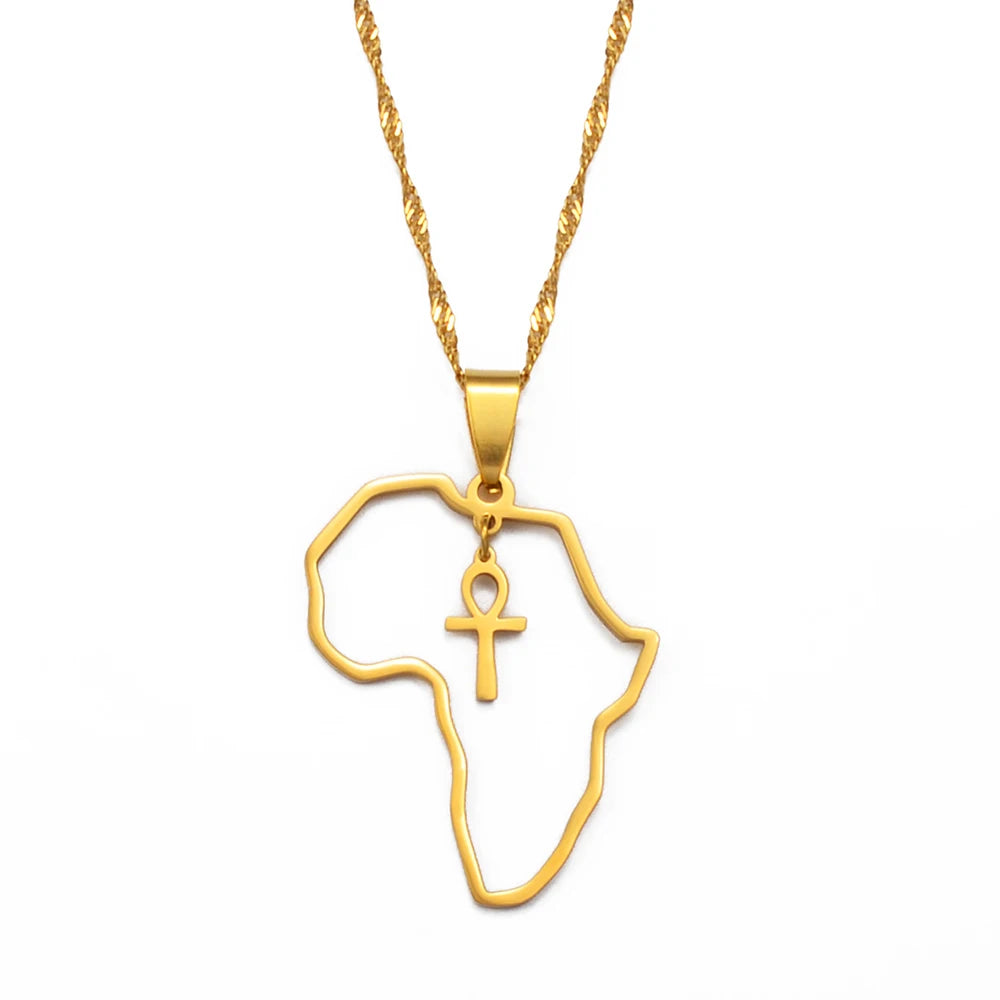 Egyptian Ankh Cross Africa Map Necklace — Stainless Steel