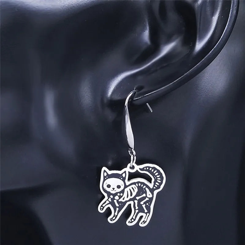 Skull Cat Silver Earrings Gothic Dangle Small