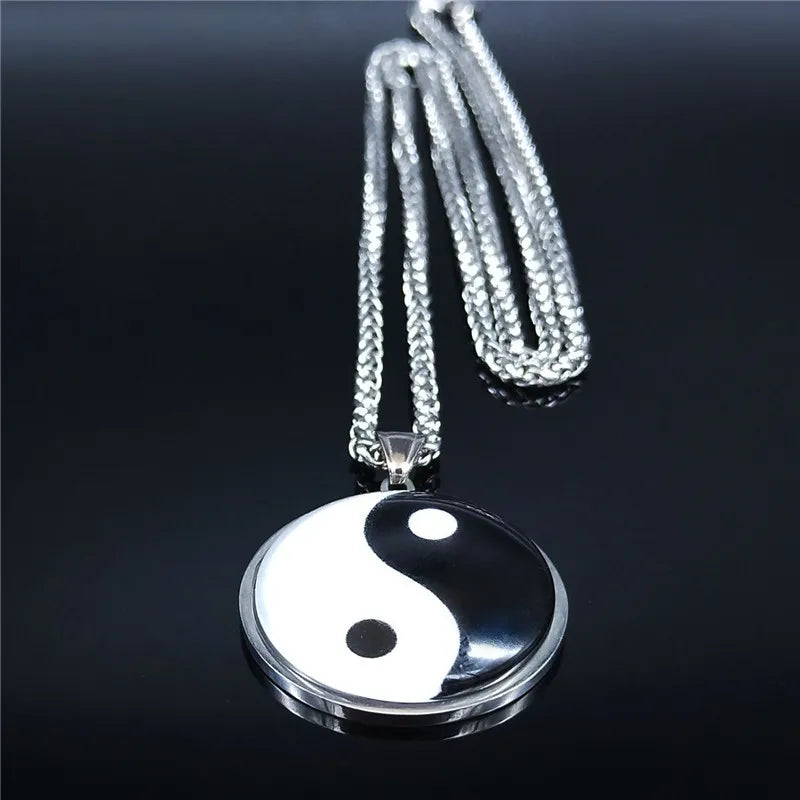 Yin Yang Glass Pendant — Silver Stainless