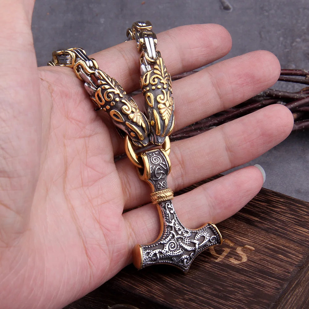 Men stainless steel Dragon head norse viking amulet thor hammer pendant necklace viking king chain Never Fade