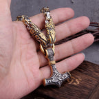 Men stainless steel Dragon head norse viking amulet thor hammer pendant necklace viking king chain Never Fade